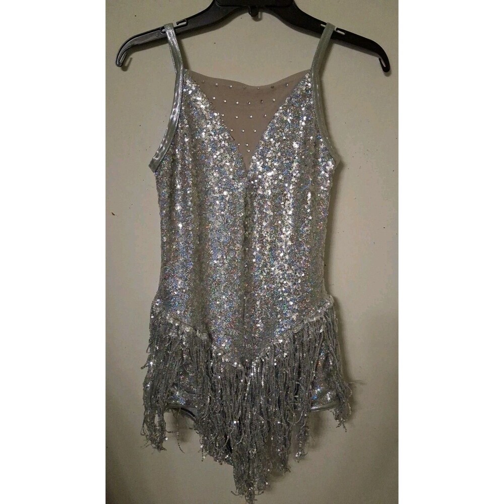 Weissman Dance Costume Lyrical Silver Sequin Bodysuit Fringe Swing Adult MA - Picture 2 of 6